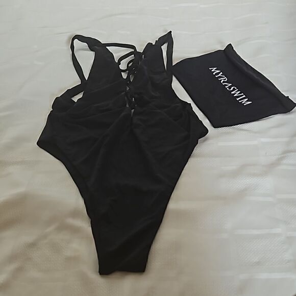 Myra Swim One Piece Bathing Suit Lace-Up, Low Back Black Small - Picture 14 of 16